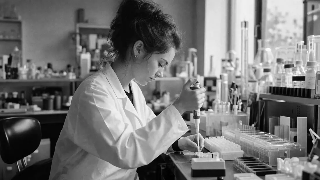 Forscherin im Laborkittel an Pipette, Schwarzweiß-Reportagefoto, Labor