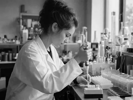 Novo Nordisk A/S (DK0062498333): Forscherin im Labor-Kittel bedient Pipette in dokumentarischem Schwarzweiß-Reportagefoto - Foto: THN