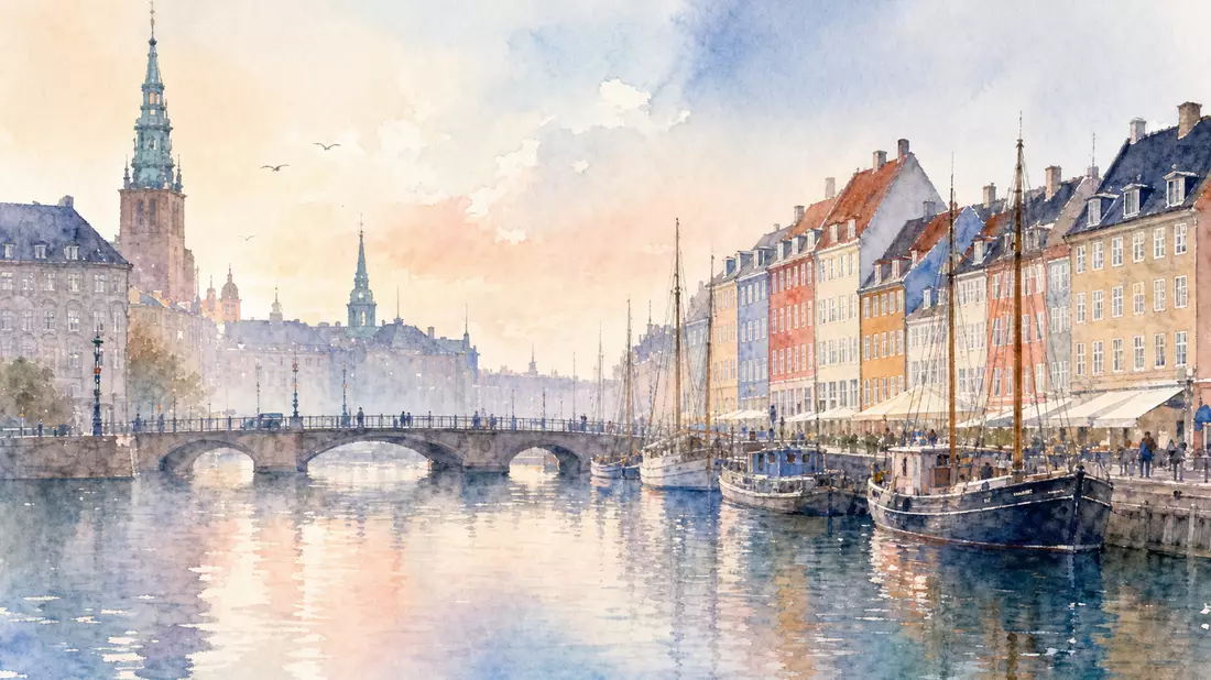 Kopenhagener Hafen mit Brücken, Aquarell in Pastelltönen, nordische Atmosphäre
