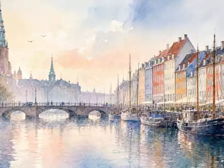 Novo Nordisk A/S (DK0062498333): Kopenhagener Hafenpanorama mit historischen Brücken in weichen Aquarell-Pastelltönen gemalt - Foto: THN