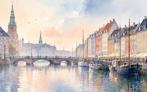 Novo Nordisk A/S (DK0062498333): Kopenhagener Hafenpanorama mit historischen Brücken in weichen Aquarell-Pastelltönen gemalt - Foto: THN