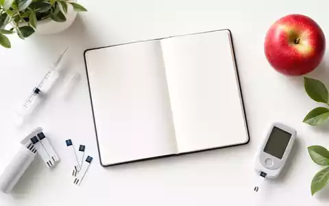 Novo Nordisk A/S (DK0062498333): Flatlay mit Spritze, Blutzucker-Teststreifen, Notizbuch und Apfel auf Weiß - Foto: THN