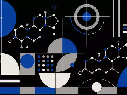 Novo Nordisk A/S (DK0062498333): stilisierte Hormon-Moleküle als Bauhaus-Poster in Blau, Weiß und Grau auf Schwarz - Foto: THN
