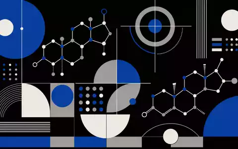 Novo Nordisk A/S (DK0062498333): stilisierte Hormon-Moleküle als Bauhaus-Poster in Blau, Weiß und Grau auf Schwarz - Foto: THN