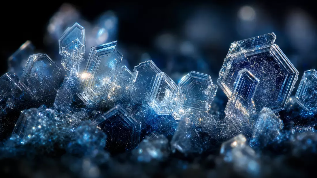 Extreme Makroaufnahme kristalliner Insulinstruktur, blaues Polarisationslicht, Wissenschaft