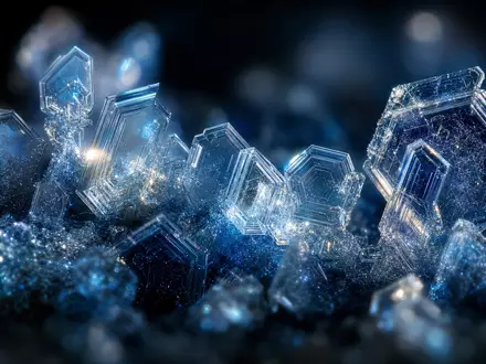 Novo Nordisk A/S (DK0062498333): extreme Makroaufnahme kristalliner Insulinstruktur als wissenschaftliche Visualisierung in blauem Polarisationslicht - Foto: THN