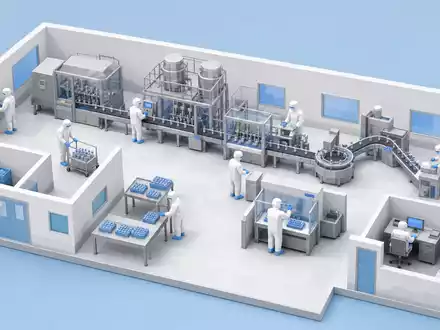 Novo Nordisk A/S (DK0062498333): isometrisches Low-Poly-Diorama eines pharmazeutischen Reinraums mit steriler Abfüllanlage - Foto: THN