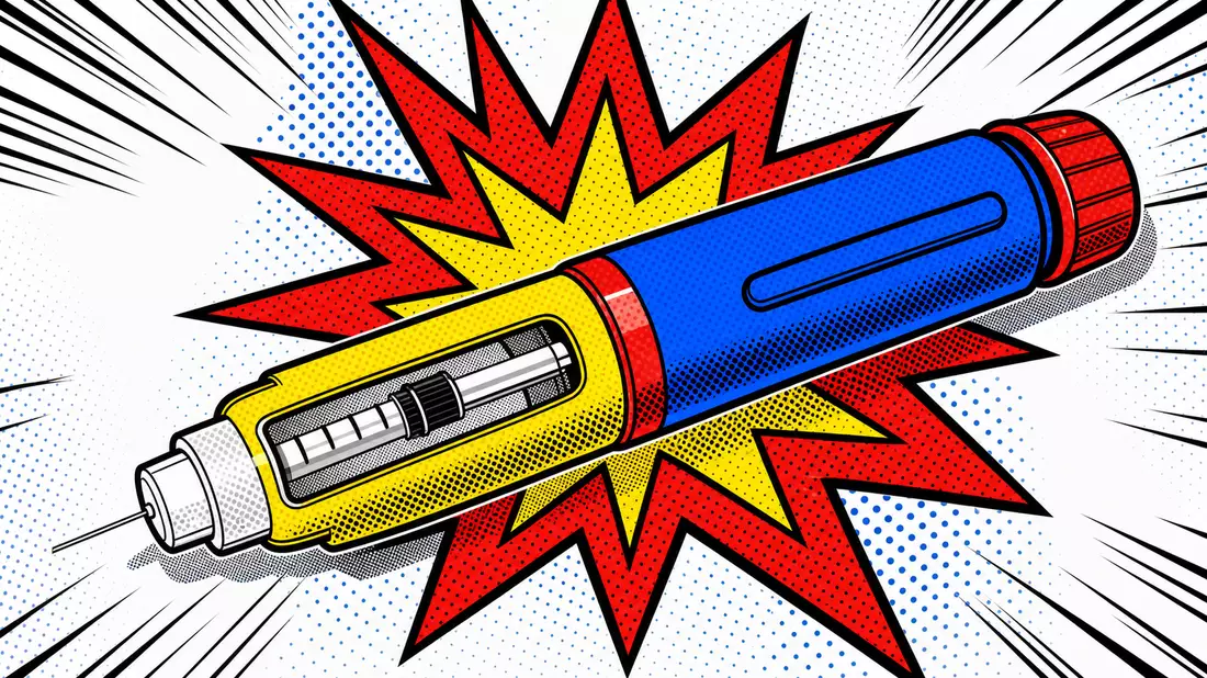 Pop-Art-Insulin-Pen im Halftone-Raster, knallbunte Primärfarben, Comic-Stil