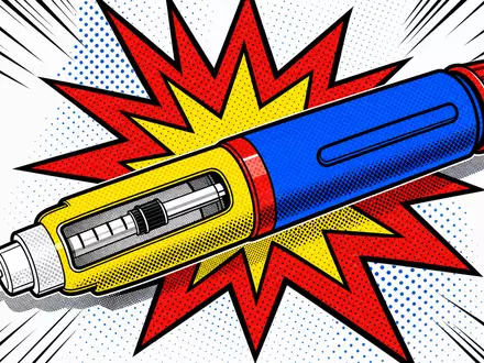 Novo Nordisk A/S (DK0062498333): stilisierter Insulin-Pen im Pop-Art-Halftone-Raster mit knallbunten Primärfarben und Comic-Aktionslinien - Foto: THN