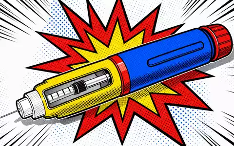 Novo Nordisk A/S (DK0062498333): stilisierter Insulin-Pen im Pop-Art-Halftone-Raster mit knallbunten Primärfarben und Comic-Aktionslinien - Foto: THN