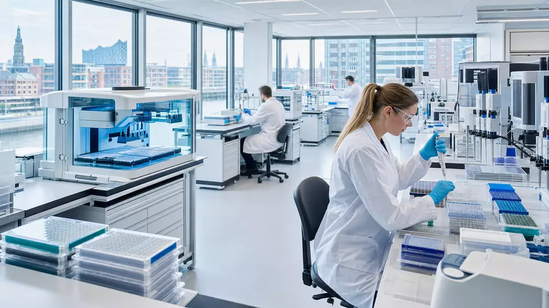 Fotorealistisches Pharma-Labor mit Wissenschaftlern bei Wirkstoffscreening in moderner Biotech-Anlage