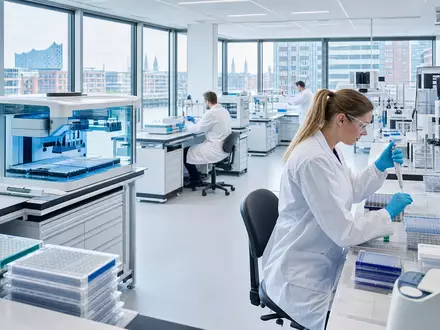 Fotorealistisches Pharma-Labor symbolisiert Wirkstoffforschung von Evotec SE, ISIN DE0005664809, moderner Biotech-Standort Hamburg - Foto: THN