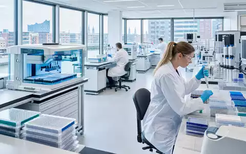 Fotorealistisches Pharma-Labor symbolisiert Wirkstoffforschung von Evotec SE, ISIN DE0005664809, moderner Biotech-Standort Hamburg - Foto: THN