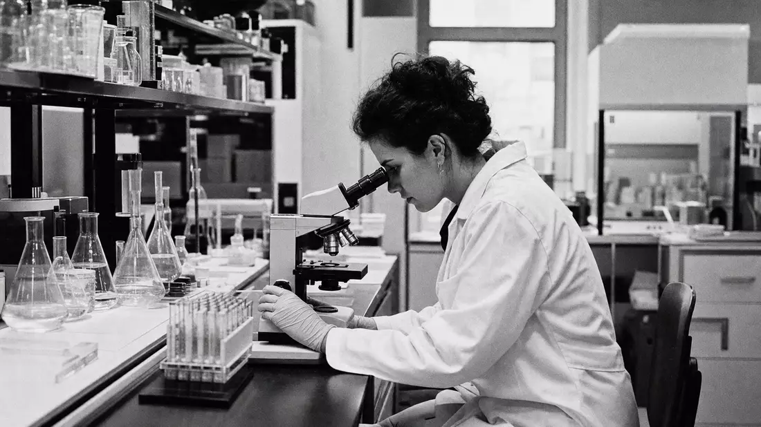 Schwarzweiß-Dokumentarfoto einer Forscherin am Mikroskop in einem biotechnologischen Labor
