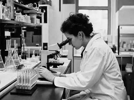 Schwarzweiß-Reportagefoto zeigt Laborarbeit im Biotech-Sektor, passend zu Evotec SE, ISIN DE0005664809, dokumentarischer Forschungsalltag - Foto: THN