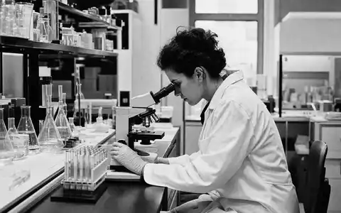 Schwarzweiß-Reportagefoto zeigt Laborarbeit im Biotech-Sektor, passend zu Evotec SE, ISIN DE0005664809, dokumentarischer Forschungsalltag - Foto: THN