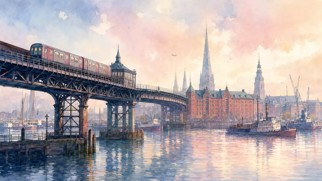 Aquarell des Hamburger Hafens mit Hochbahn-Brücke in Pastellfarben