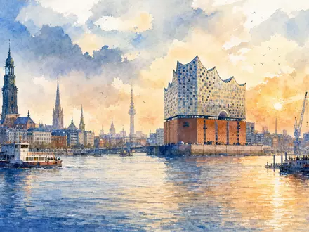 Aquarellmalerei der Hamburger Skyline repräsentiert den Firmensitz von Evotec SE, ISIN DE0005664809, mit Elbphilharmonie - Foto: THN