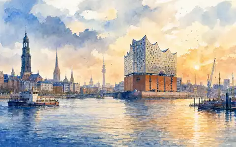 Aquarellmalerei der Hamburger Skyline repräsentiert den Firmensitz von Evotec SE, ISIN DE0005664809, mit Elbphilharmonie - Foto: THN
