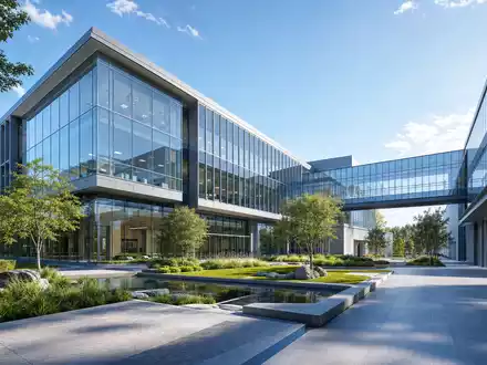 Architektur-Render eines modernen Forschungscampus veranschaulicht den Biotech-Standort von Evotec SE, ISIN DE0005664809, glasklar gestaltet - Foto: THN