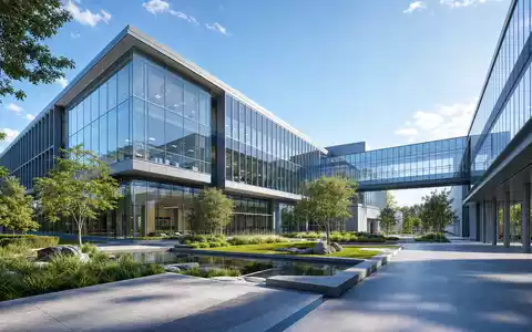 Architektur-Render eines modernen Forschungscampus veranschaulicht den Biotech-Standort von Evotec SE, ISIN DE0005664809, glasklar gestaltet - Foto: THN