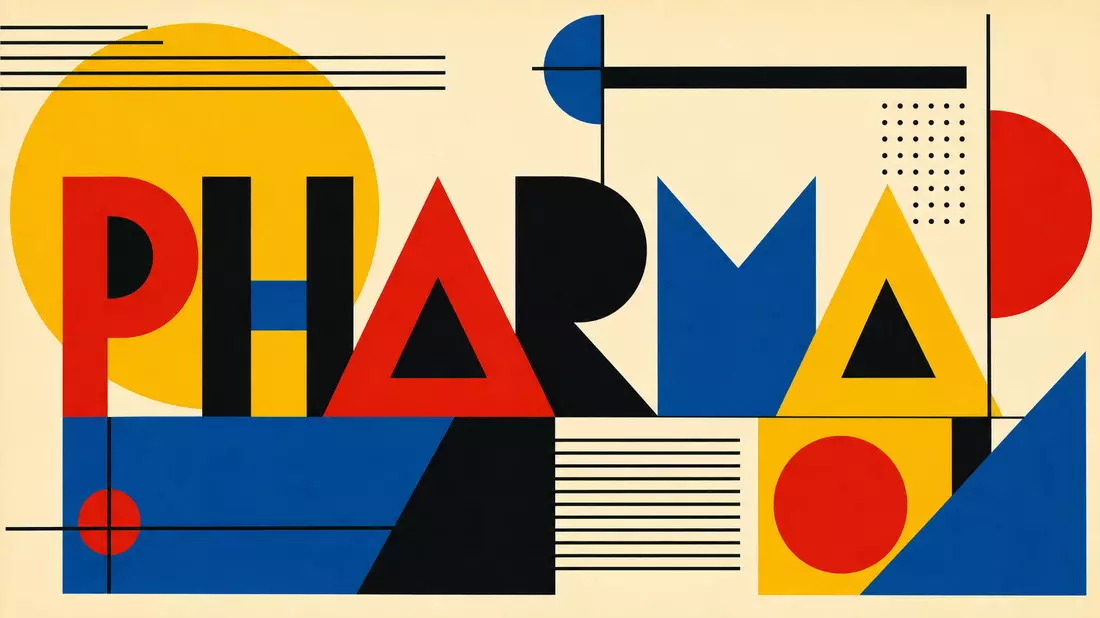 Geometrisches Bauhaus-Poster in Rot Gelb Blau mit großem Schriftzug PHARMA