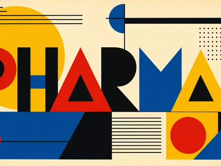 Bauhaus-Poster mit geometrischen Formen und Schriftzug PHARMA steht sinnbildlich für Evotec SE, ISIN DE0005664809, Biotech-Branche - Foto: THN