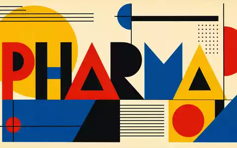 Bauhaus-Poster mit geometrischen Formen und Schriftzug PHARMA steht sinnbildlich für Evotec SE, ISIN DE0005664809, Biotech-Branche - Foto: THN