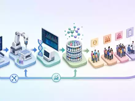 Isometrische 3D-Grafik zeigt den Wirkstoffscreening-Prozess der Biotech-Branche von Evotec SE, ISIN DE0005664809, als Wertschöpfungskette - Foto: THN