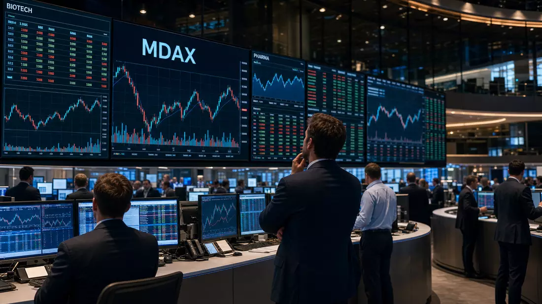 Trading-Floor mit großen Bildschirmen, Aktiencharts und dem Index-Kürzel MDAX
