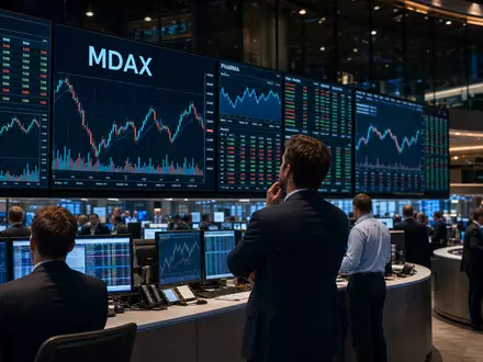 Börsen-Editorial mit Handelssaal und MDAX-Charts illustriert das Marktumfeld von Evotec SE, ISIN DE0005664809, im Biotech-Sektor - Foto: THN