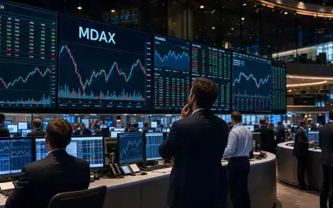 Börsen-Editorial mit Handelssaal und MDAX-Charts illustriert das Marktumfeld von Evotec SE, ISIN DE0005664809, im Biotech-Sektor - Foto: THN