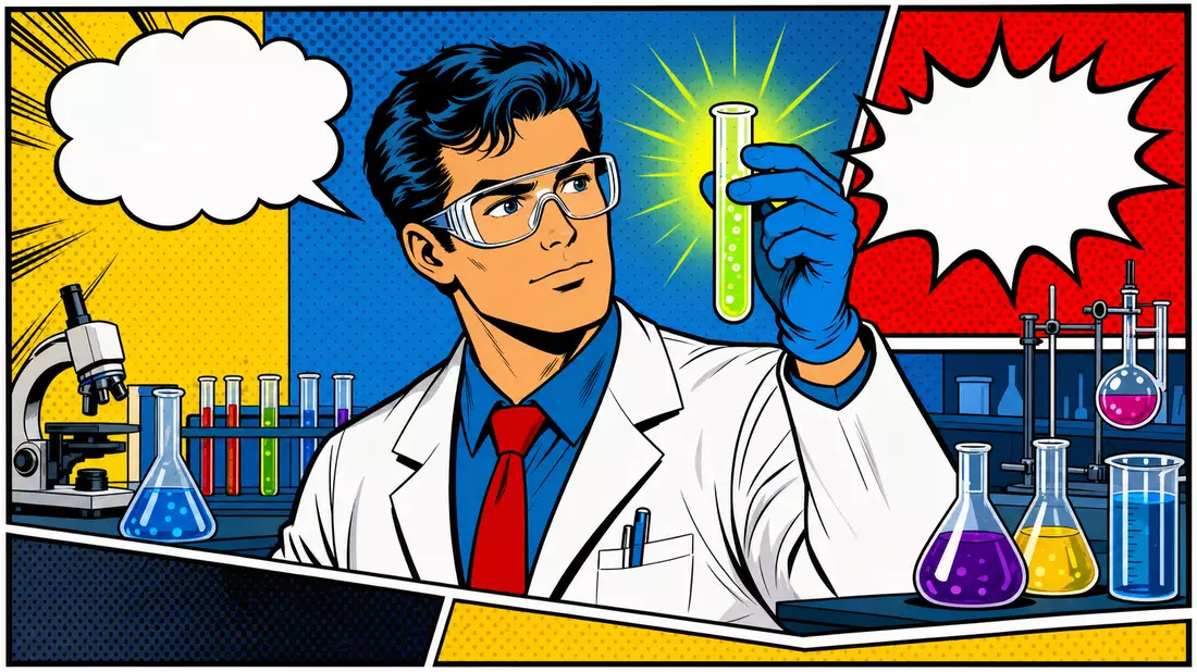 Bunte Pop-Art-Comic-Illustration eines Wissenschaftlers mit leuchtendem Reagenzglas im Labor