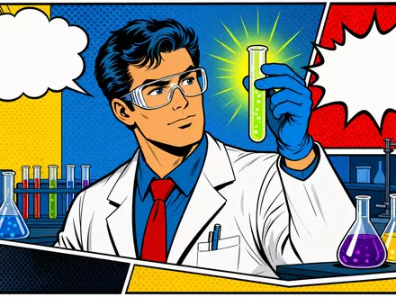 Pop-Art-Comic-Szene mit Wissenschaftler und Reagenzglas symbolisiert lebendig die Forschungswelt von Evotec SE, ISIN DE0005664809 - Foto: THN
