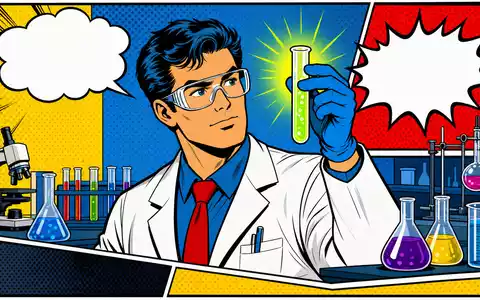 Pop-Art-Comic-Szene mit Wissenschaftler und Reagenzglas symbolisiert lebendig die Forschungswelt von Evotec SE, ISIN DE0005664809 - Foto: THN