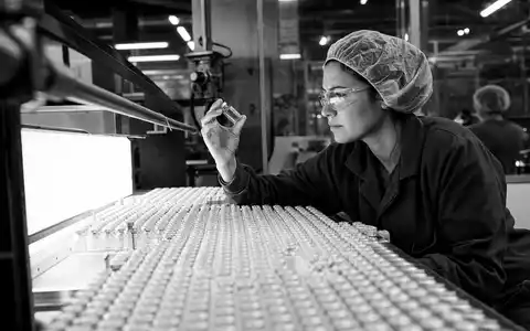 Gerresheimer AG, ISIN DE000A0LD6E6, dokumentiert in Schwarzweiß-Reportage die sorgfältige Qualitätskontrolle pharmazeutischer Glasfläschchen durch Fachpersonal - Foto: THN