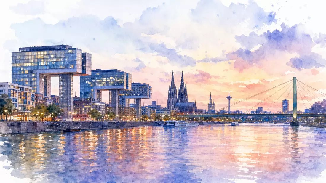Aquarellmalerei einer deutschen Rheinstadt-Skyline bei Abenddämmerung