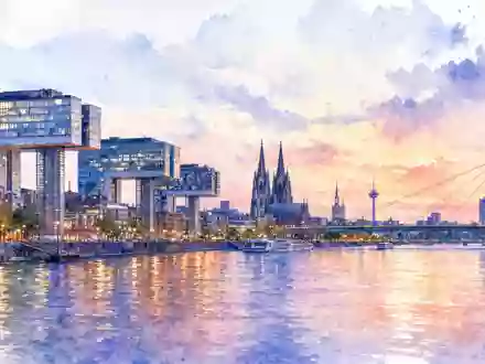 Gerresheimer AG, ISIN DE000A0LD6E6, sitzt in einer deutschen Rheinstadt mit malerischer Aquarell-Skyline dargestellt - Foto: THN