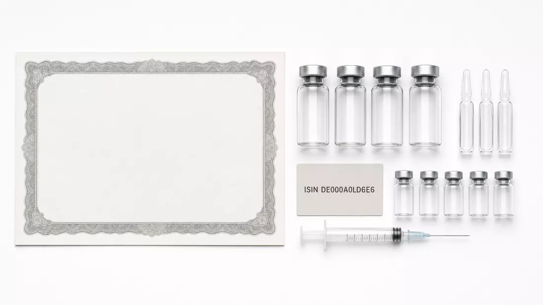 Flatlay mit Aktienzertifikat, ISIN-Karte, Glasampullen und Spritze