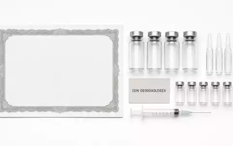 Gerresheimer AG, ISIN DE000A0LD6E6, symbolisiert durch Flatlay-Arrangement aus Aktienzertifikat, ISIN-Karte und pharmazeutischen Glasampullen - Foto: THN