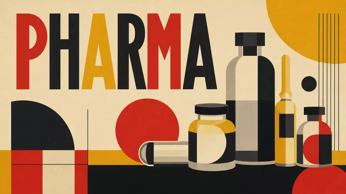 Bauhaus-Poster mit geometrischen Glasfläschchen und Schriftzug PHARMA