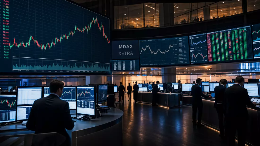 Editorialfoto eines Trading-Floors mit MDAX- und Xetra-Kurstafeln