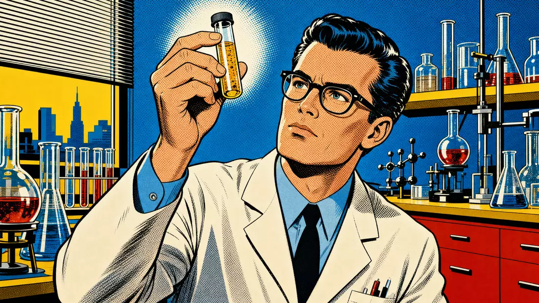 Pop-Art-Comic eines Laborwissenschaftlers mit Glasampulle im Labor