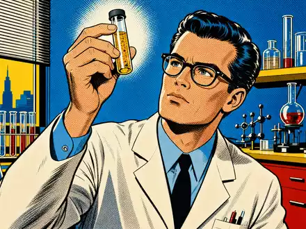 Gerresheimer AG, ISIN DE000A0LD6E6, wird hier als farbenfrohe Pop-Art-Comicszene eines Pharmalaborwissenschaftlers künstlerisch dargestellt - Foto: THN