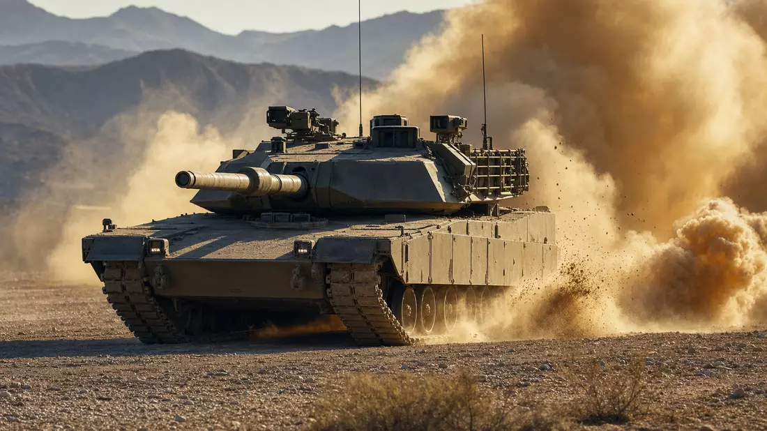 Generischer Kettenpanzer fährt über staubigen Truppenübungsplatz, große Staubwolke
