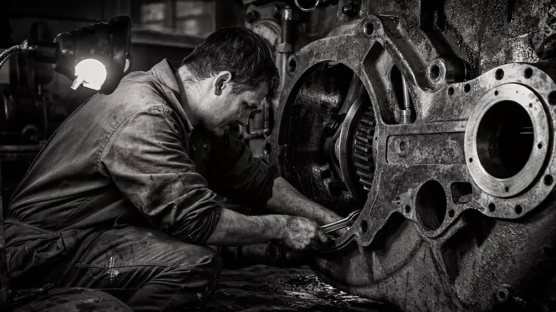 Schwarzweiß-Reportagefoto: Mechaniker in Overalls arbeitet an großem Industriegetriebe