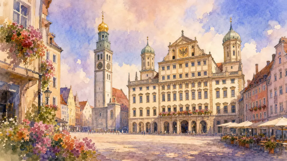 Aquarell der Augsburger Altstadt mit historischem Rathaus und Perlachturm in Pastell