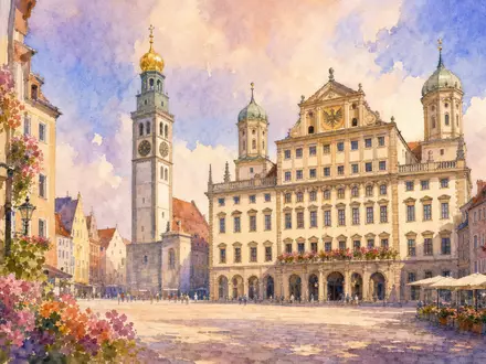 RENK Group AG DE000RENK730 – Aquarellgemälde der Augsburger Altstadt mit Rathaus in weichen Pastelltönen - Foto: THN