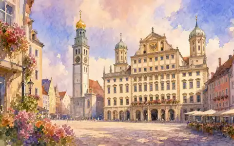 RENK Group AG DE000RENK730 – Aquarellgemälde der Augsburger Altstadt mit Rathaus in weichen Pastelltönen - Foto: THN