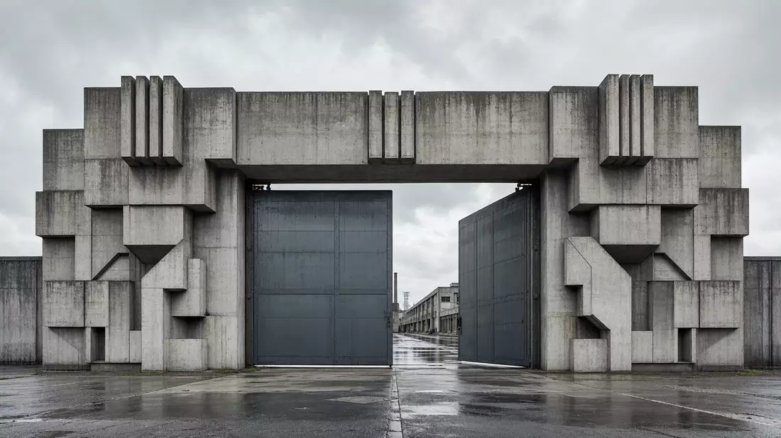 Brutalistisches Werkstor aus Sichtbeton, geometrische Reliefformen, symmetrische Perspektive